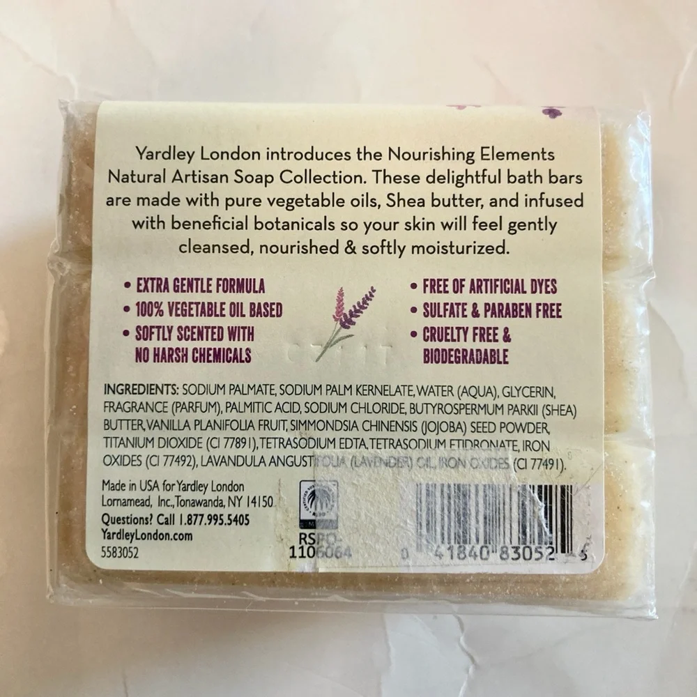 3 Bars Yardley Nourishing Elements Lavender & Rosemary Natural Artisan Soap NEW